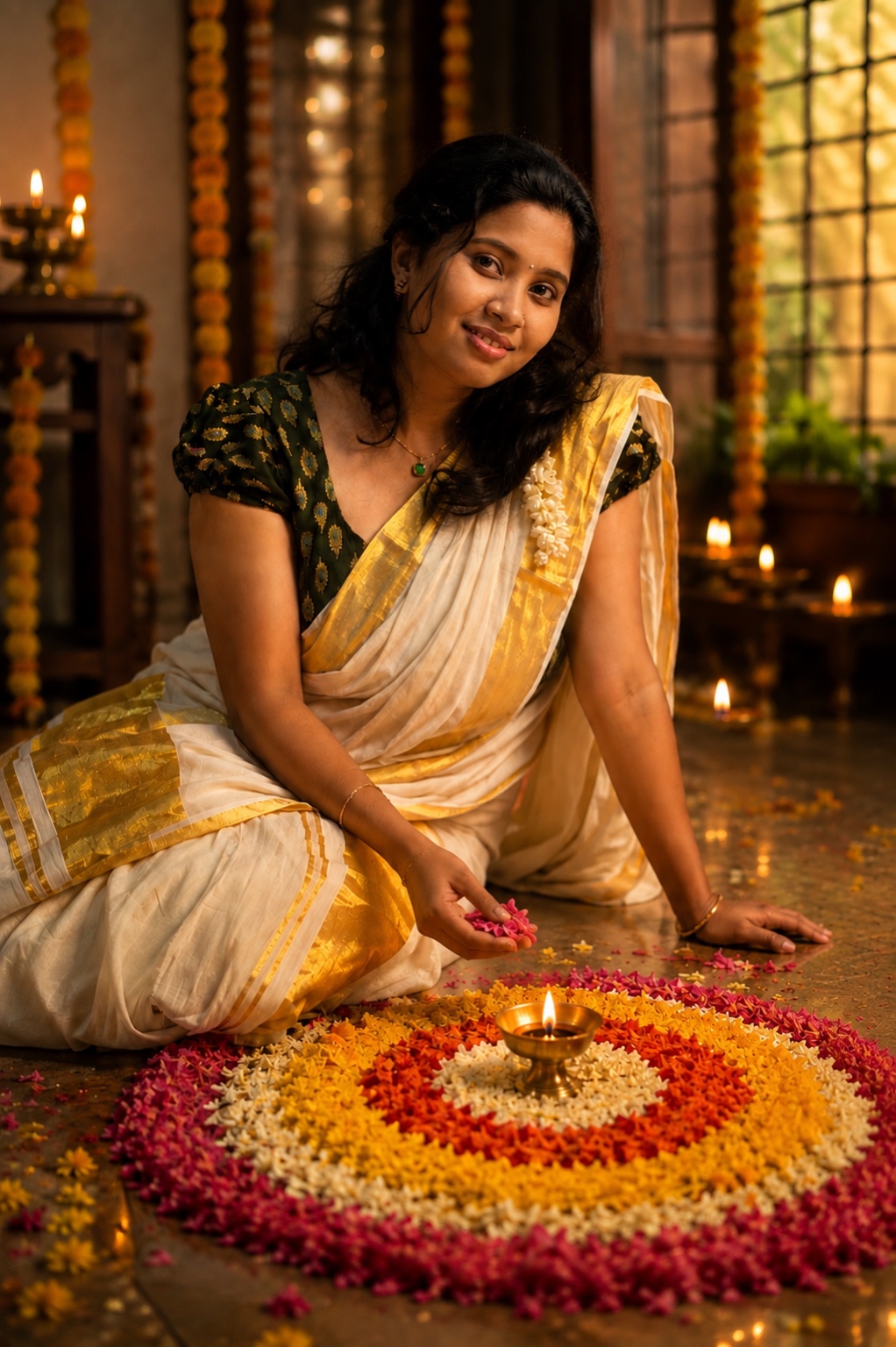 Voice of Harisha Onam portrait beside pookalam and lamp